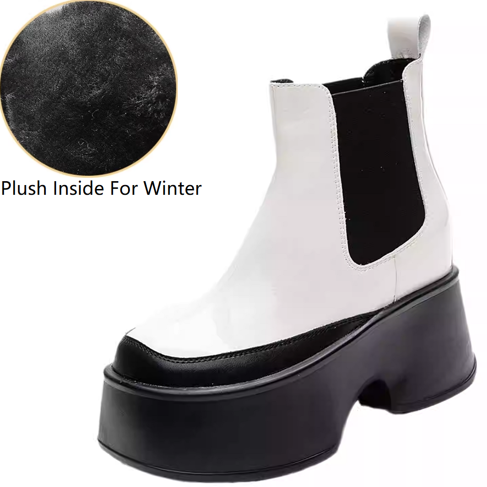 Spring Autumn New Slim 11 CM Height Increasing Platform Slip-On Patent Leather Color Block Women High Top Short Chelsea Boots Winter Plush 60130