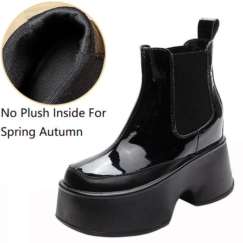 Spring Autumn New Slim 11 CM Height Increasing Platform Slip-On Patent Leather Color Block Women High Top Short Chelsea Boots Winter Plush 60130