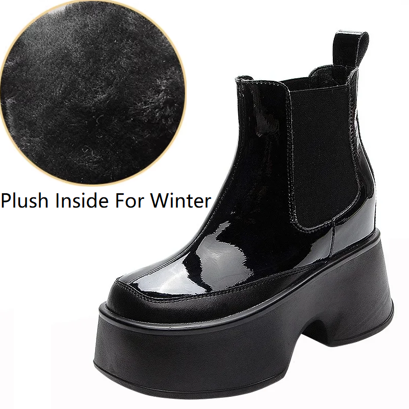Spring Autumn New Slim 11 CM Height Increasing Platform Slip-On Patent Leather Color Block Women High Top Short Chelsea Boots Winter Plush 60130