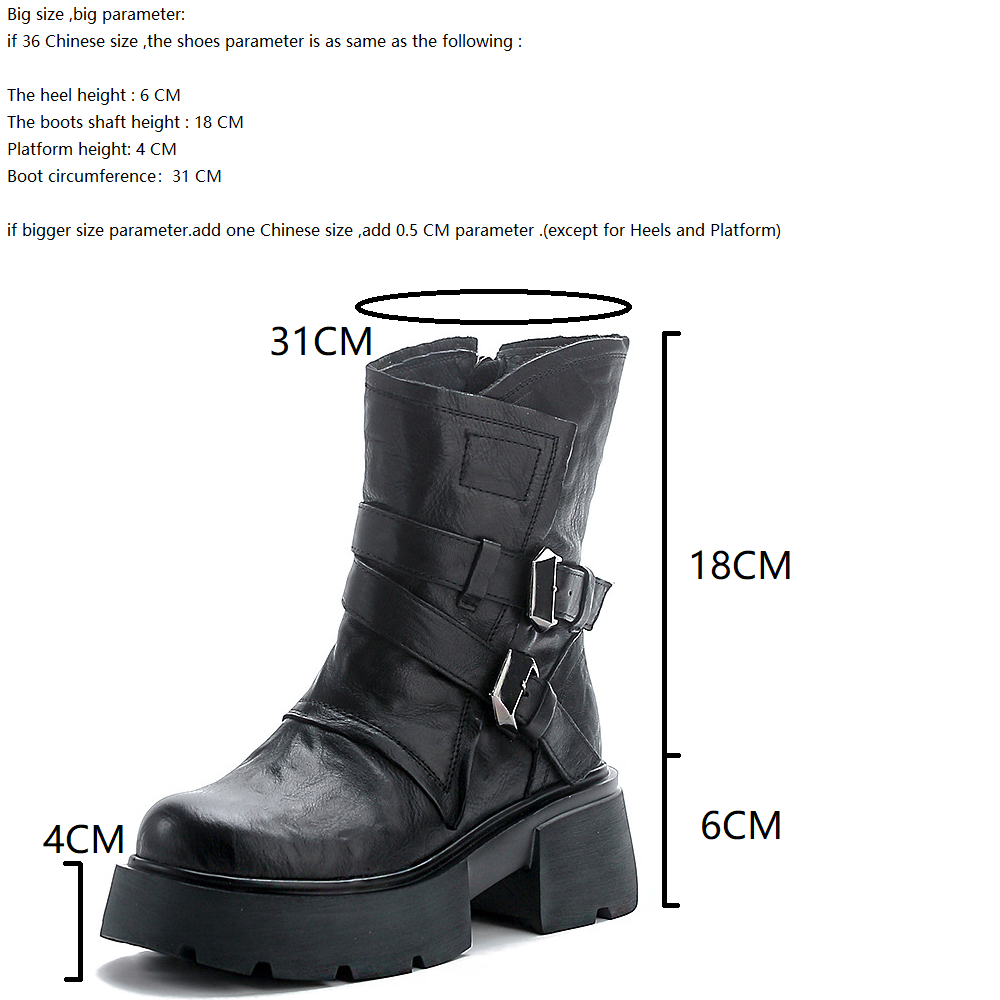 Genuine Leather Belt Buckle Winter Short Plush 6 CM Square Heel Motorcycle Boots Side Zipper Retro Platform Women's Boots 60130