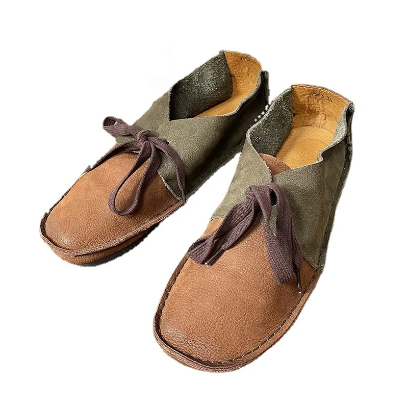 Spring Autumn Woman Genuine Leather Lace Up Color Block Flat Single Shoes Lady Leisure Fashion Simple Round Toe Flats 60130