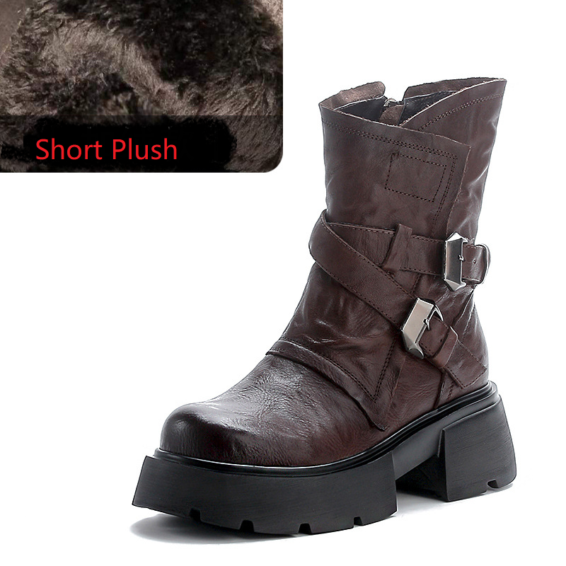 Genuine Leather Belt Buckle Winter Short Plush 6 CM Square Heel Motorcycle Boots Side Zipper Retro Platform Women's Boots 60130