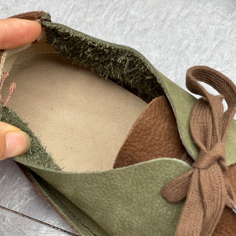 Spring Autumn Woman Genuine Leather Lace Up Color Block Flat Single Shoes Lady Leisure Fashion Simple Round Toe Flats 60130