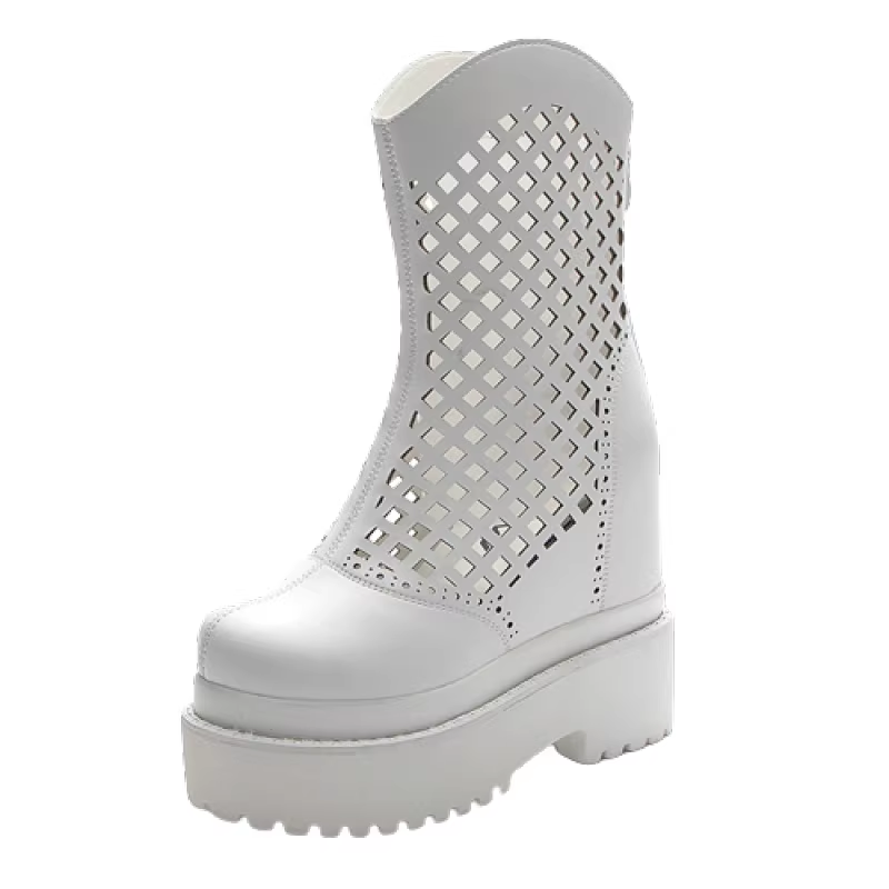 Summer New Slim Height Increasing Platform Wedges Cover Toe Hollow Genuine Leather Zipper Women Mid-Calf Modern Boots 2412