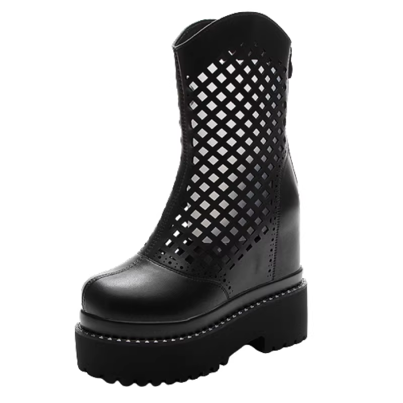 Summer New Slim Height Increasing Platform Wedges Cover Toe Hollow Genuine Leather Zipper Women Mid-Calf Modern Boots 2412