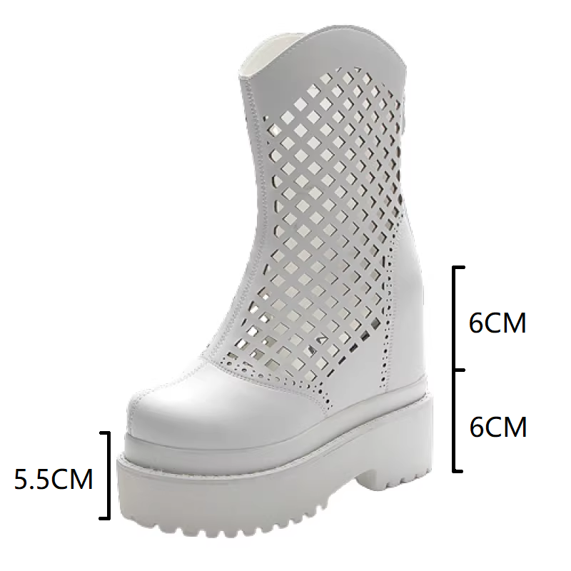 Summer New Slim Height Increasing Platform Wedges Cover Toe Hollow Genuine Leather Zipper Women Mid-Calf Modern Boots 2412