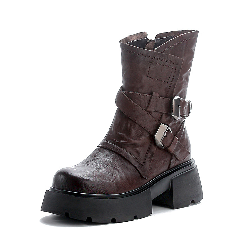 Genuine Leather Belt Buckle Winter Short Plush 6 CM Square Heel Motorcycle Boots Side Zipper Retro Platform Women's Boots 60130