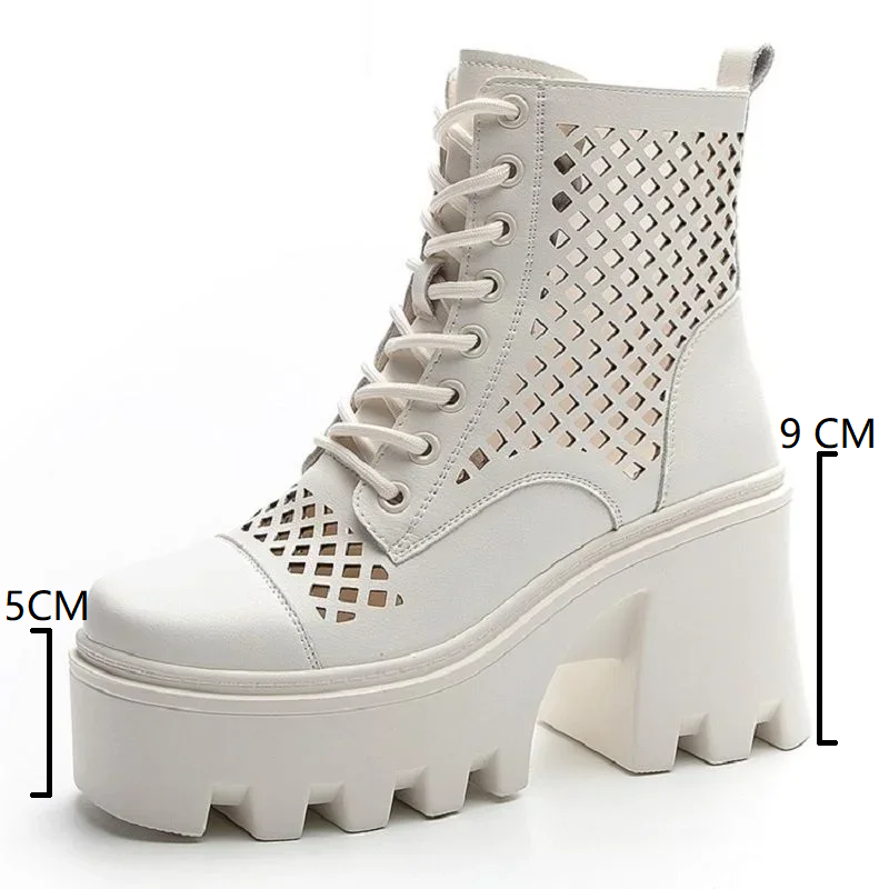 Summer New Fashion Slim 9 CM Height Increasing Platform Cross-tied Cut Out Zipper Genuine Leather Women High Top Modern Boots 60130
