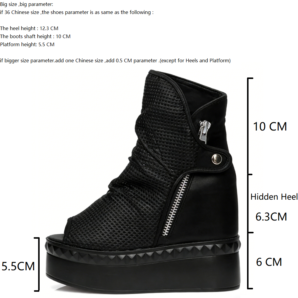 Summer New Fashion Slim 12 CM Height Increasing Platform Peep Toe Pleated Cut Out Zipper Snap Button Women High Top Short Gladiator Boots 60130