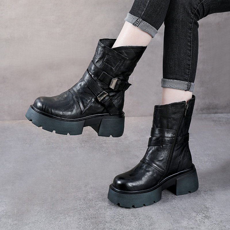 Genuine Leather Belt Buckle Winter Short Plush 6 CM Square Heel Motorcycle Boots Side Zipper Retro Platform Women's Boots 60130