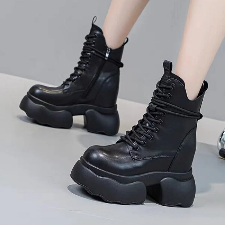 Spring Autumn New British Style Retro 12 CM Height Increasing Platform Cross-tied Winter Plush Warm Genuine Leather Zipper Women Mid-Calf Equestrian Boots 60130
