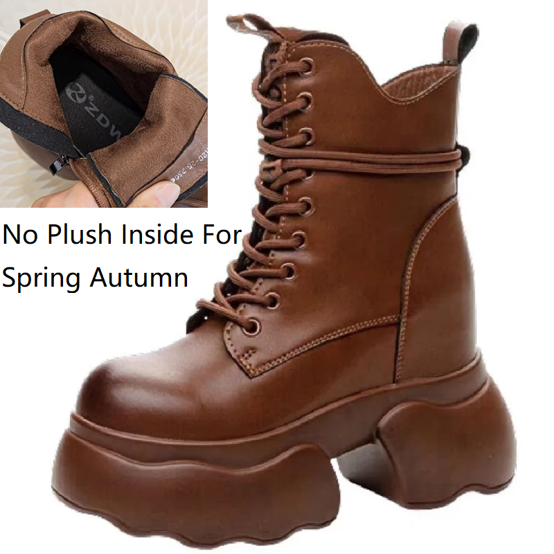 Spring Autumn New British Style Retro 12 CM Height Increasing Platform Cross-tied Winter Plush Warm Genuine Leather Zipper Women Mid-Calf Equestrian Boots 60130