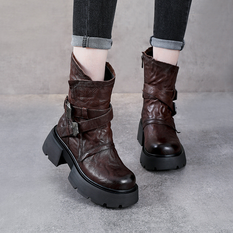 Genuine Leather Belt Buckle Winter Short Plush 6 CM Square Heel Motorcycle Boots Side Zipper Retro Platform Women's Boots 60130