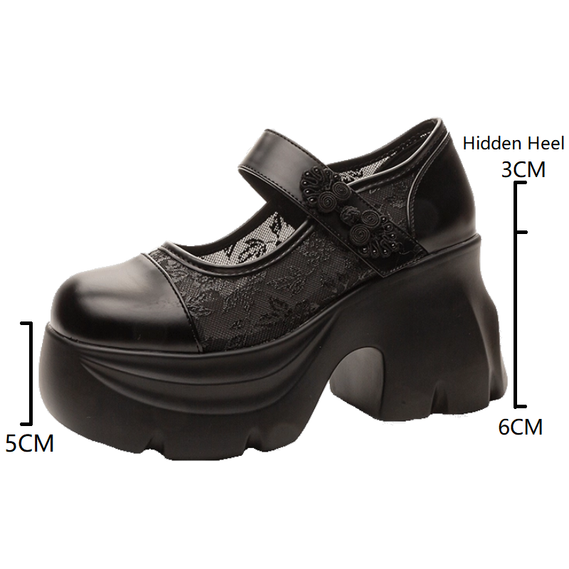 Spring Autumn New Retro 9 CM Super High Block Heels Platform Shallow Mouth Embroidery Belt Hook Loop Mesh Genuine Leather Women Casual Shoes 60202