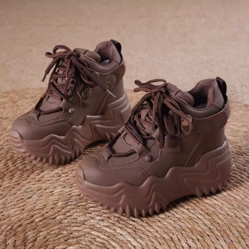 Winter Plush Inside Warm New Slim 12 CM Thick Sole Height Increasing Platform Spring Autumn Breathable Cross-tied Genuine Leather Women Casual Shoes 60124