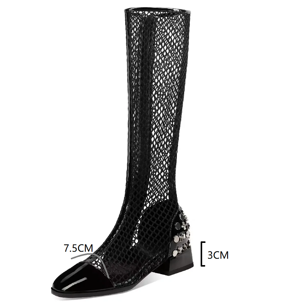 Women Summer New Sexy Style Thick High Heels Square Toe Rivet Hollow Cut Out Breathable Mesh Knee-High Long Modern Boots 60202