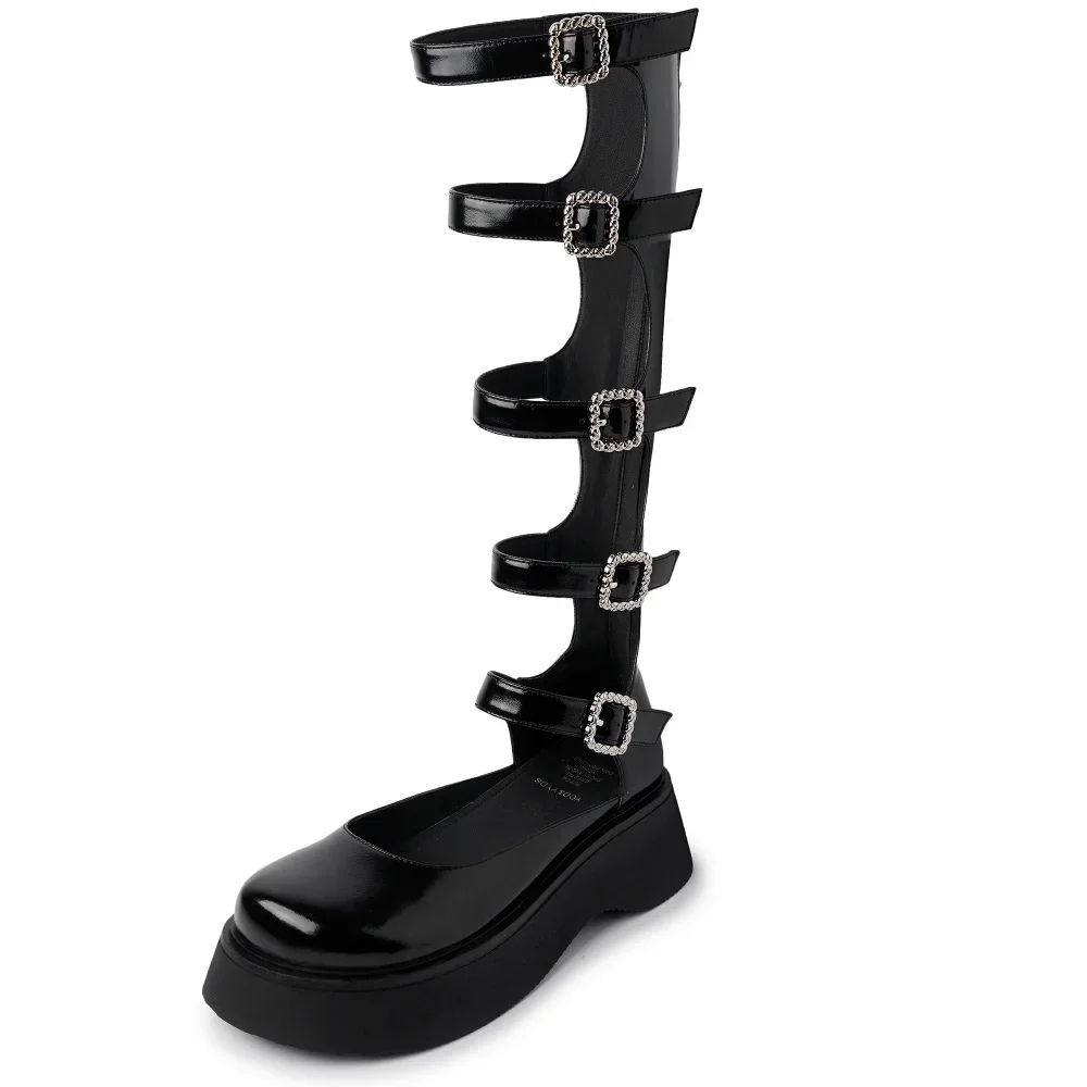Summer New Retro Mary Jane Gladiator Wedges Shallow Mouth 5.5 CM Thick Sole Round Toe Platform Buckles Genuine Leather Women Knee-High Long Modern Boots 60202