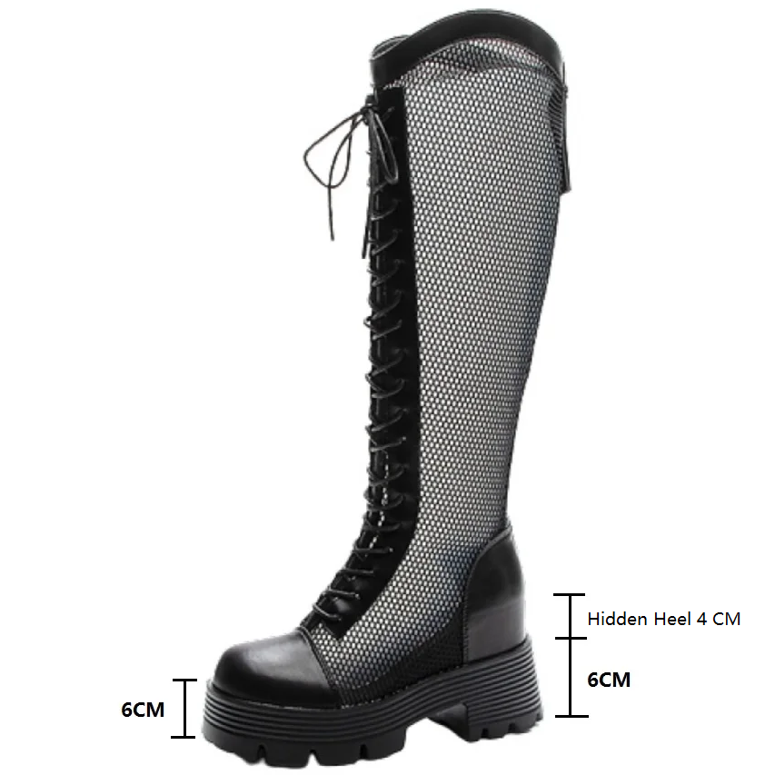 Summer New Fashion Slim Height Increasing Platform Cross-tied Hollow Mesh Genuine Leather Women Knee-High Long Modern Boots 2411