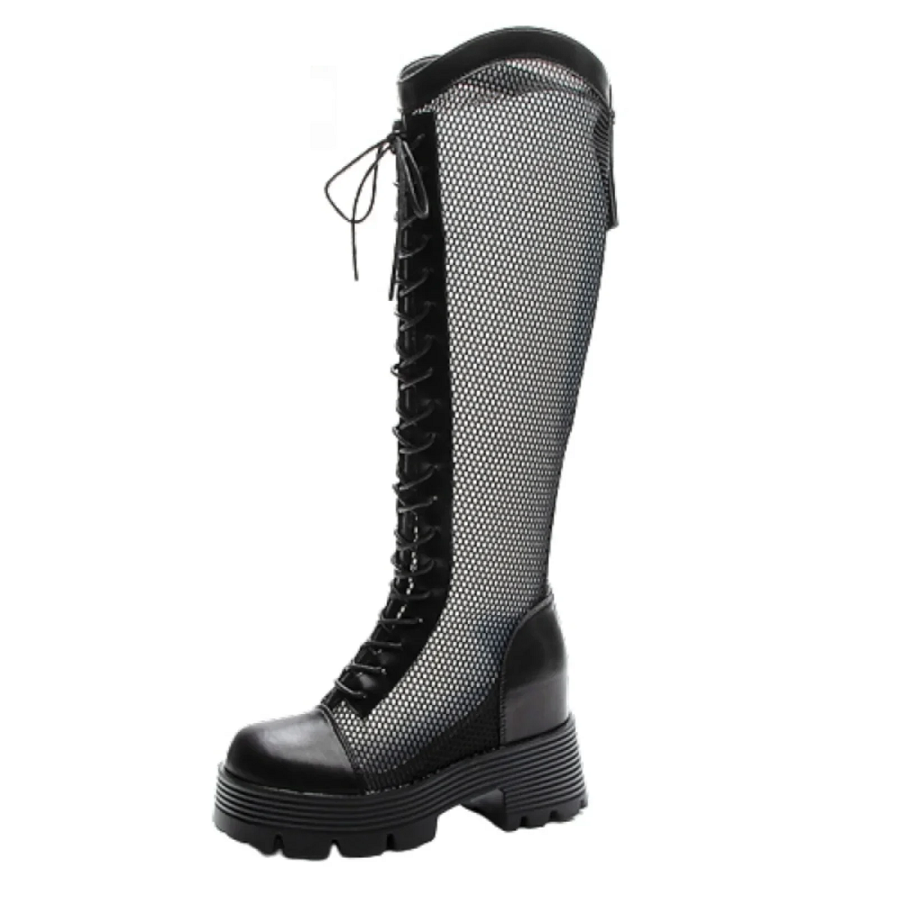 Summer New Fashion Slim Height Increasing Platform Cross-tied Hollow Mesh Genuine Leather Women Knee-High Long Modern Boots 2411