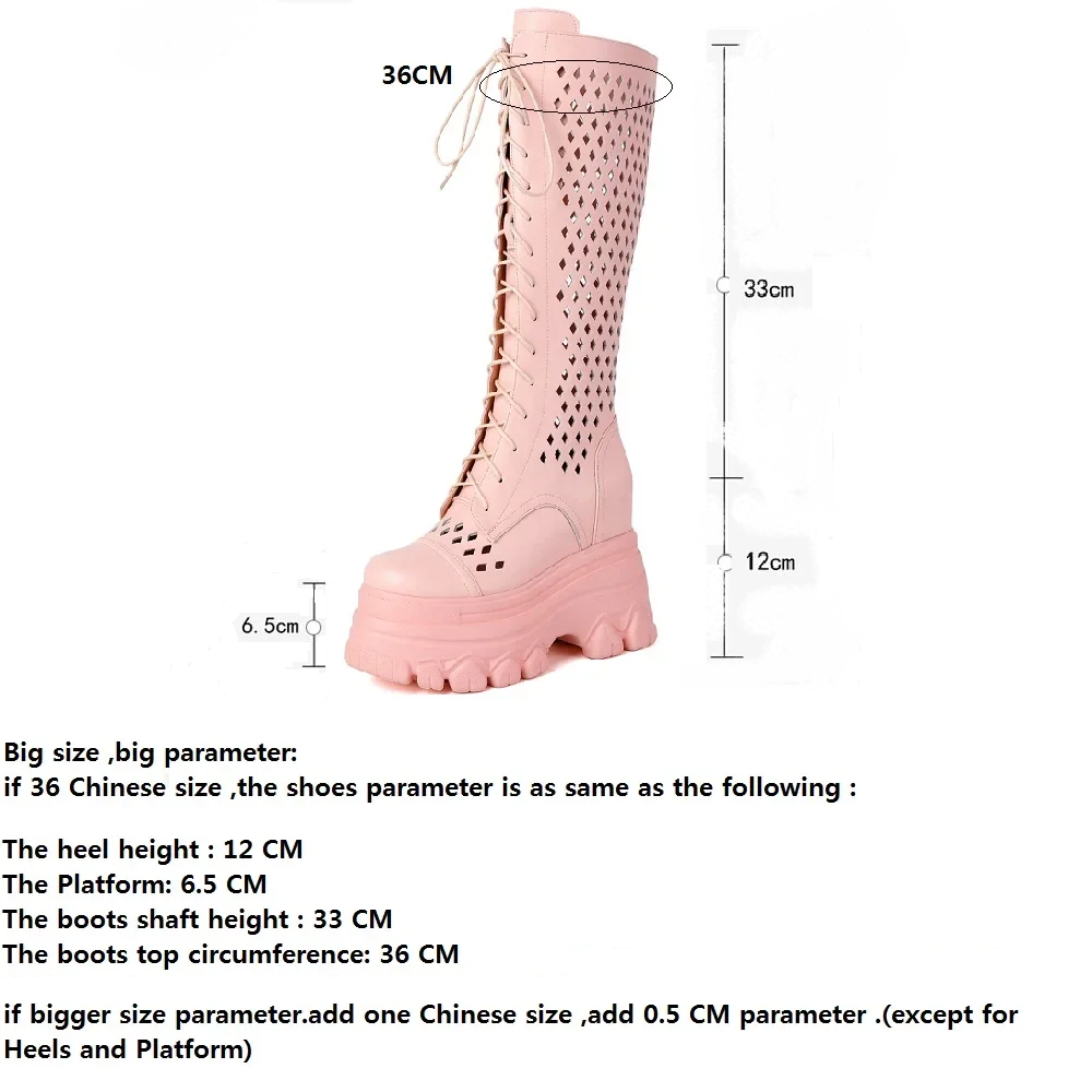 Summer New Slim 12 CM Height Increasing Platform Cut Out Cross-tied Genuine Leather Zipper Women Knee-High Long Modern Boots 60202