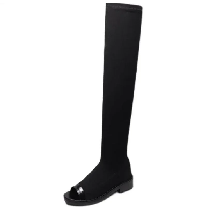 Spring Summer Autumn New British Style 3 CM Thick Heels Peep Toe Concise Stretch Fabric Slip-On Women Over-the-Knee Long Gladiator Black Boots 60202