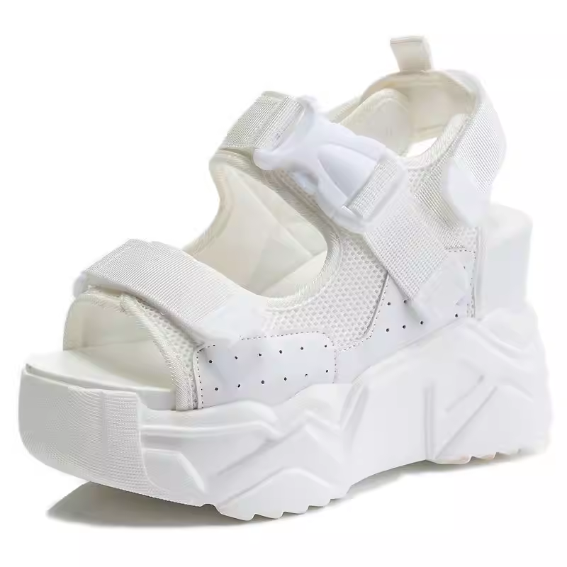 Summer New Korean Style Slim 10 CM Height Increasing Platform Peep Toe Hook Loop Cut Out Buckle Genuine Leather Women Gladiator Sandals 60202