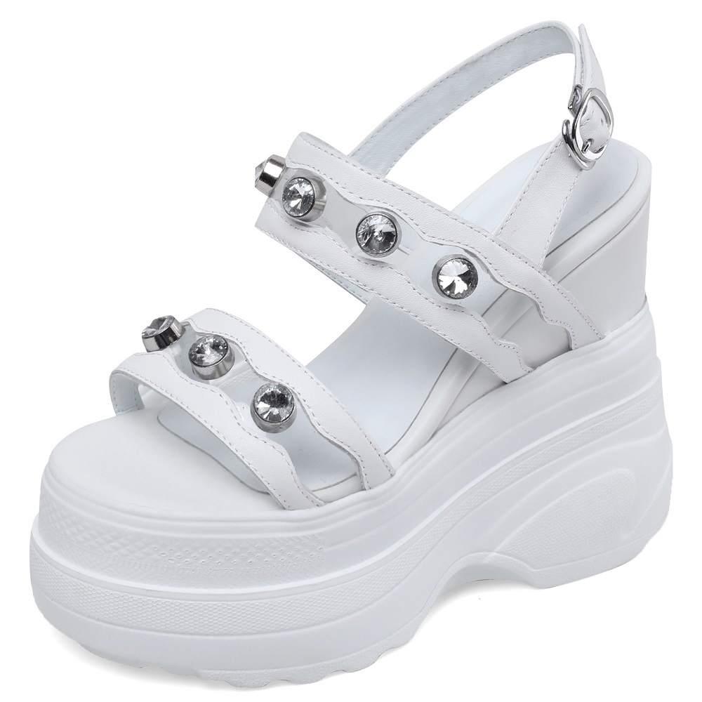 Summer New Korean Style Slim 14 CM Height Increasing Platform Peep Toe Crystal Cut Out Belt Buckle Genuine Leather Women Gladiator Sandals 60202