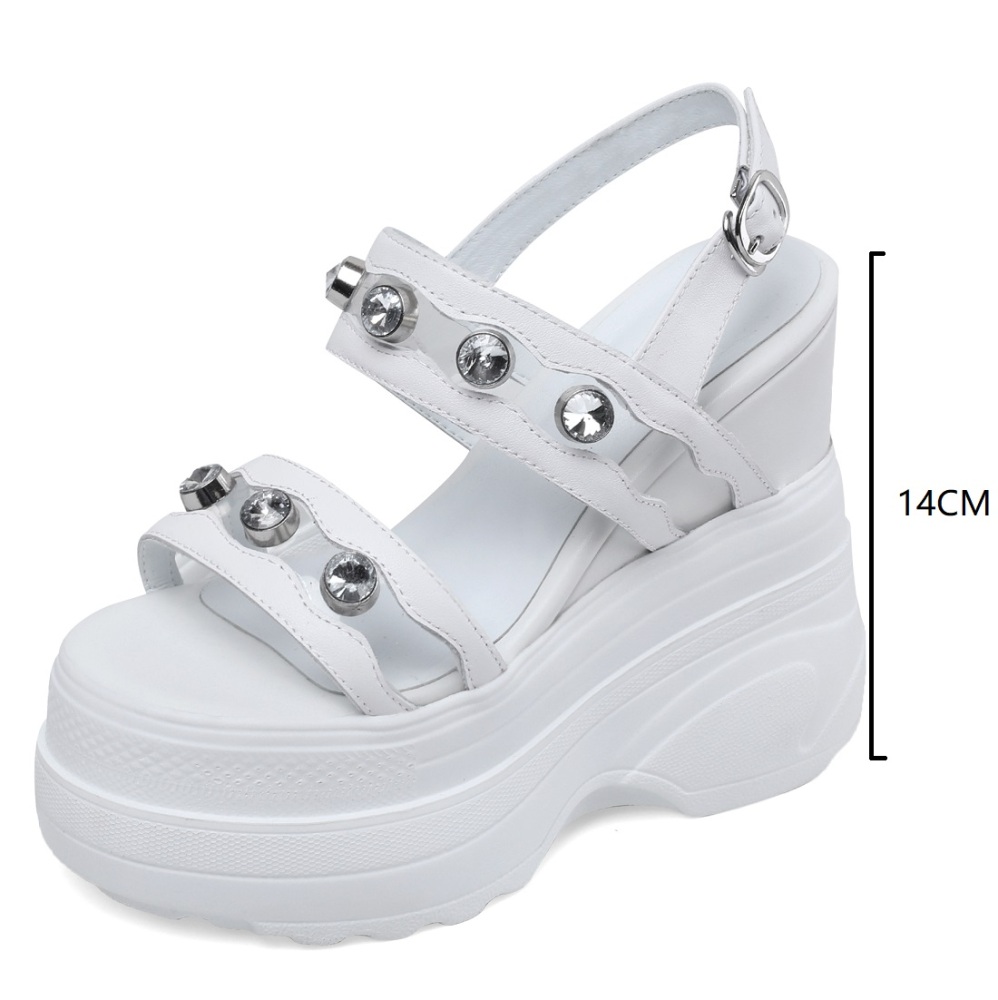 Summer New Korean Style Slim 14 CM Height Increasing Platform Peep Toe Crystal Cut Out Belt Buckle Genuine Leather Women Gladiator Sandals 60202