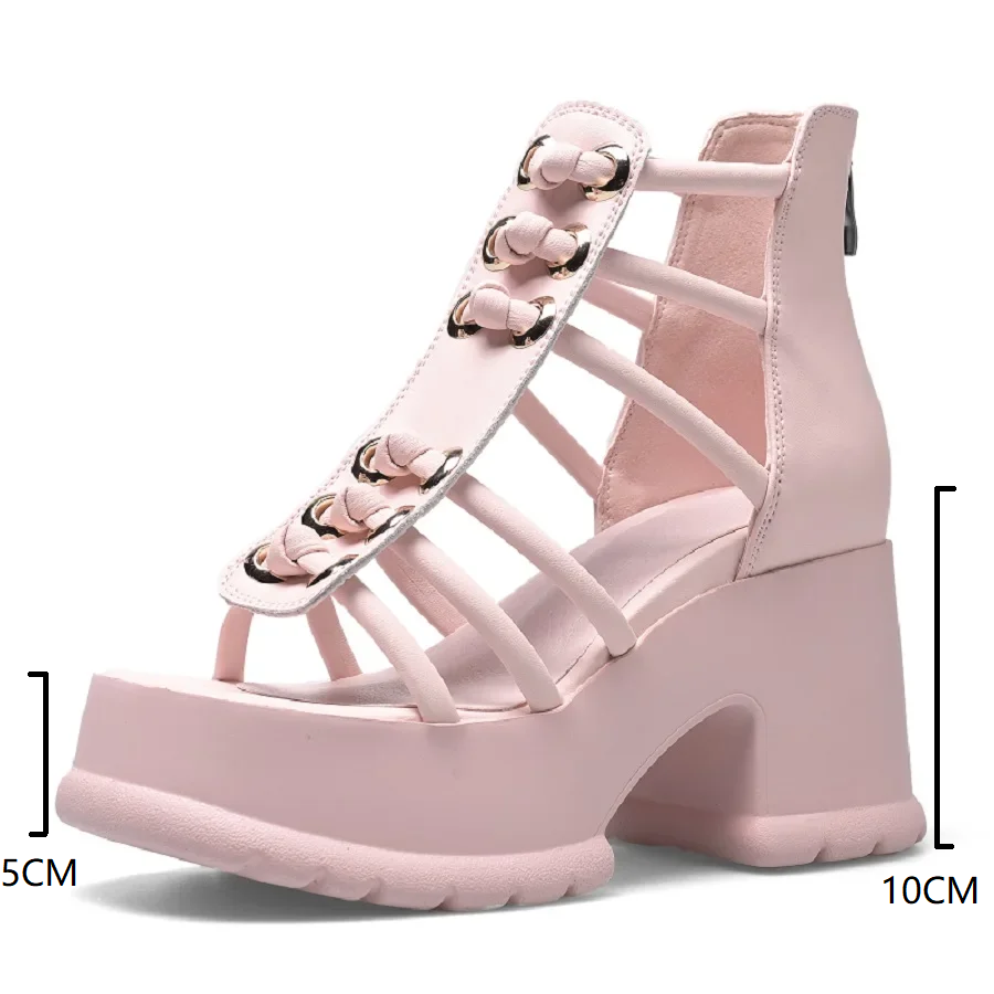 Summer New Korean Style Slim 10 CM Super High Block Heels Open Toe Narrow Band Bowknot Cut Out Genuine Leather Women High Top Gladiator Sandals 60202