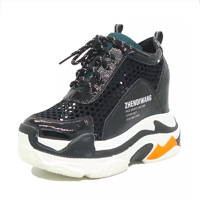 Summer New Korean Style 12.1 CM Slim Height Increasing Platform Hollow Out Mesh Genuine Leather Lace-Up Women Casual Shoes Ladies Sandals 60202