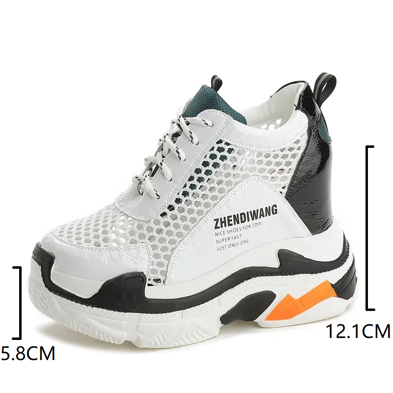 Summer New Korean Style 12.1 CM Slim Height Increasing Platform Hollow Out Mesh Genuine Leather Lace-Up Women Casual Shoes Ladies Sandals 60202