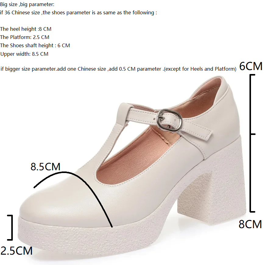 Spring Autumn New Retro 8 CM Thick High Heels Chunky Sole Platform T-tied Shallow Genuine Leather Buckle Strap Women Pumps 60202