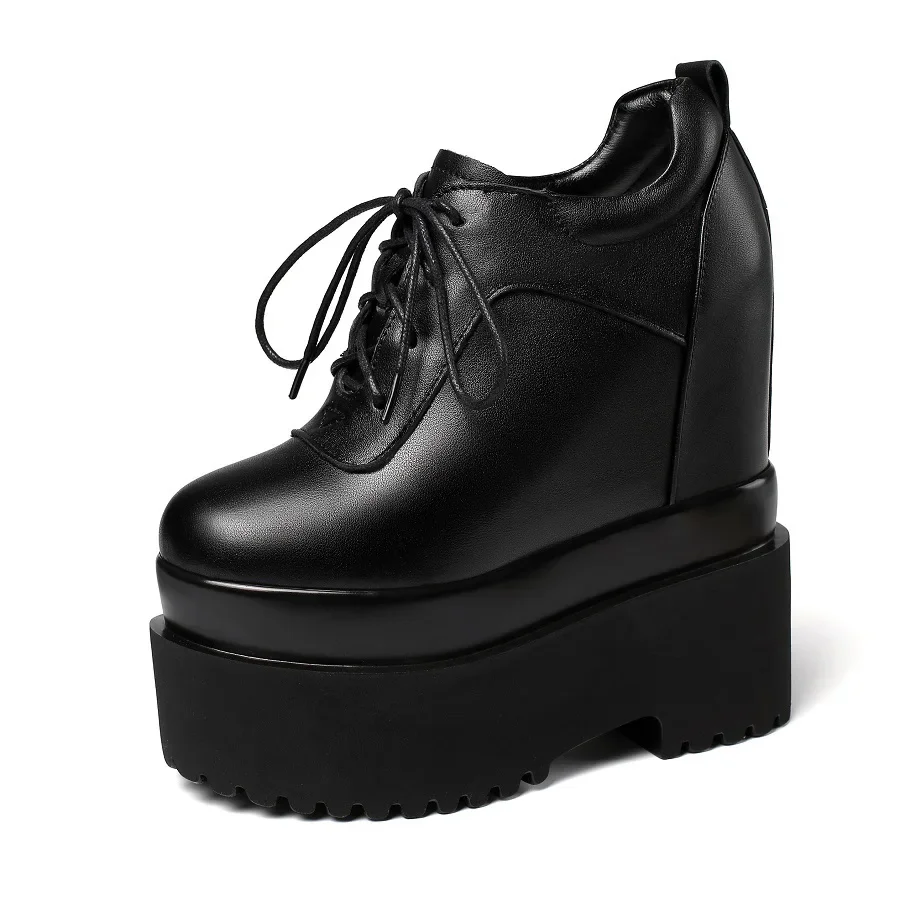 Spring Autumn New Korean Style Slim Height Increasing 16 CM High Heels Platform Lace-Up Genuine Leather Women Modern Pumps 60202