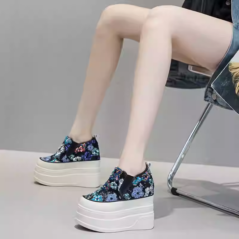 Spring Autumn New Korean Style Slim 12 CM Height Increasing Platform Bling Flowers Slip-On Sequined Cloth Women Casual Shoes Sneakers 60202