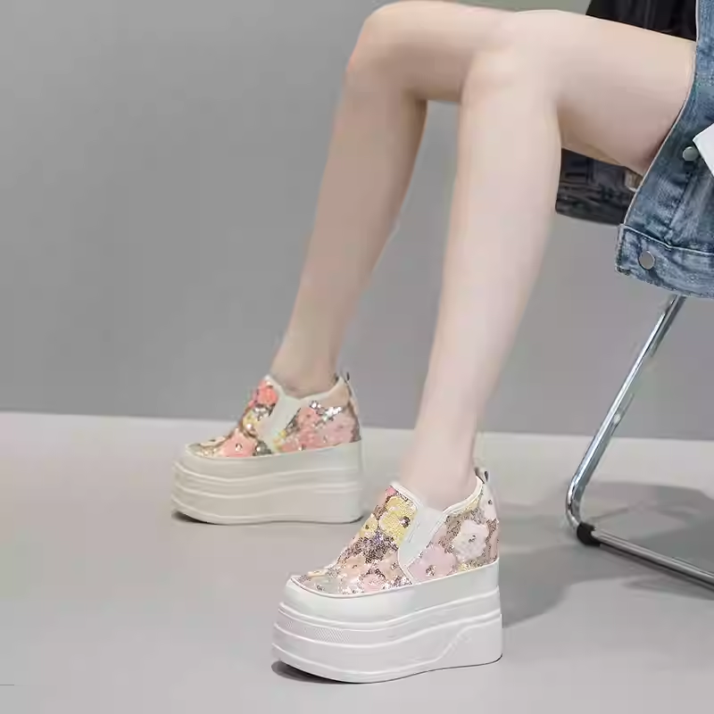 Spring Autumn New Korean Style Slim 12 CM Height Increasing Platform Bling Flowers Slip-On Sequined Cloth Women Casual Shoes Sneakers 60202