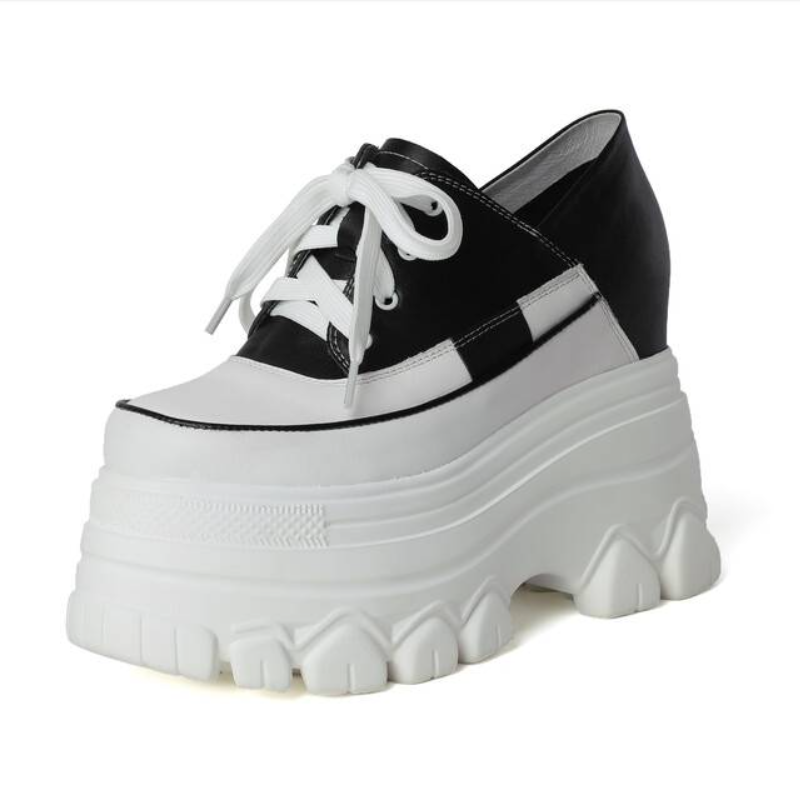 Spring Autumn New Korean Style Slim Height Increasing Platform Mixed Colors Lace-Up Genuine Leather Women Casual Shoea Sneakers