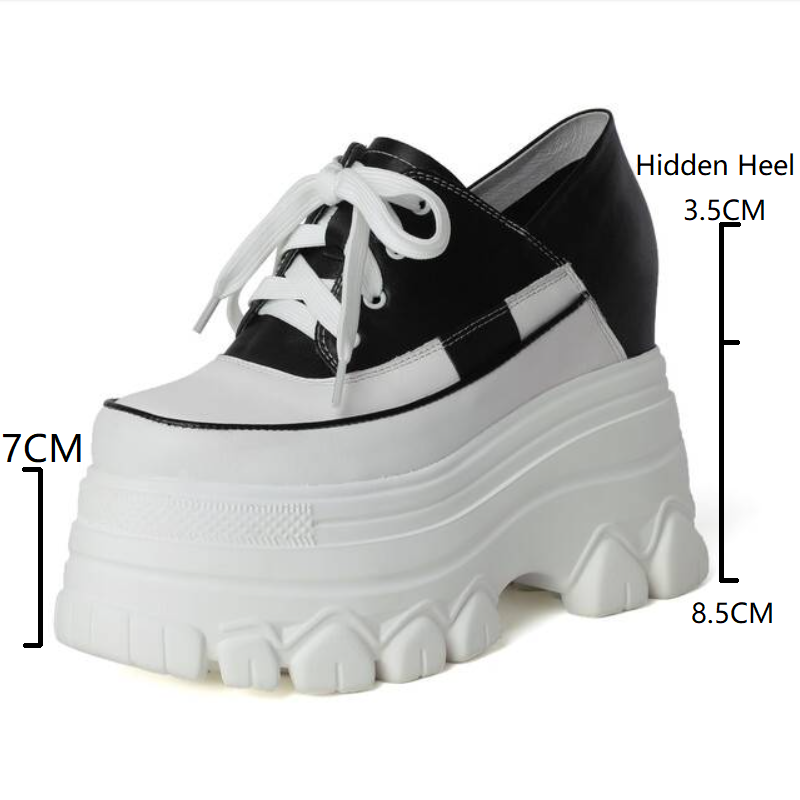 Spring Autumn New Korean Style Slim 12 CM Height Increasing Platform Mixed Colors Lace-Up Genuine Leather Women Casual Shoes Sneakers 60202