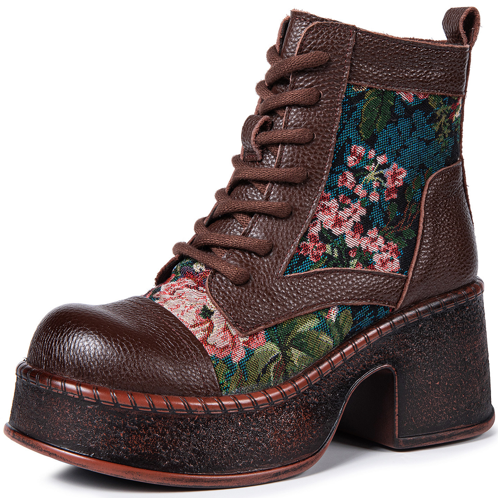 Women's Genuine Leather Retro Ethnic Style Lace-up Side Zipper Embroidered Flower 7.5 CM Block Heel Chinese Style Platform Spring Autumn Winter Ankle Boots 60203