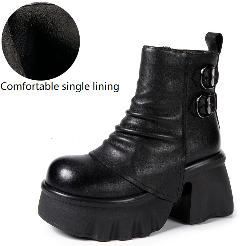 Women's Genuine Leather Black Pleated Belt Metal Buckle Pants Boots Side Zipper 9 CM Block Heel Platform Winter Short Plush Tube Ankle Boots 60203