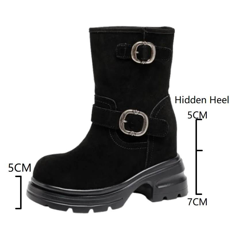 12 CM Inner Height Increasing Women's Ankle Boots Suede Leather Belt Buckle Platform Slip On Casual 2025 Spring Autumn New Boots 60203