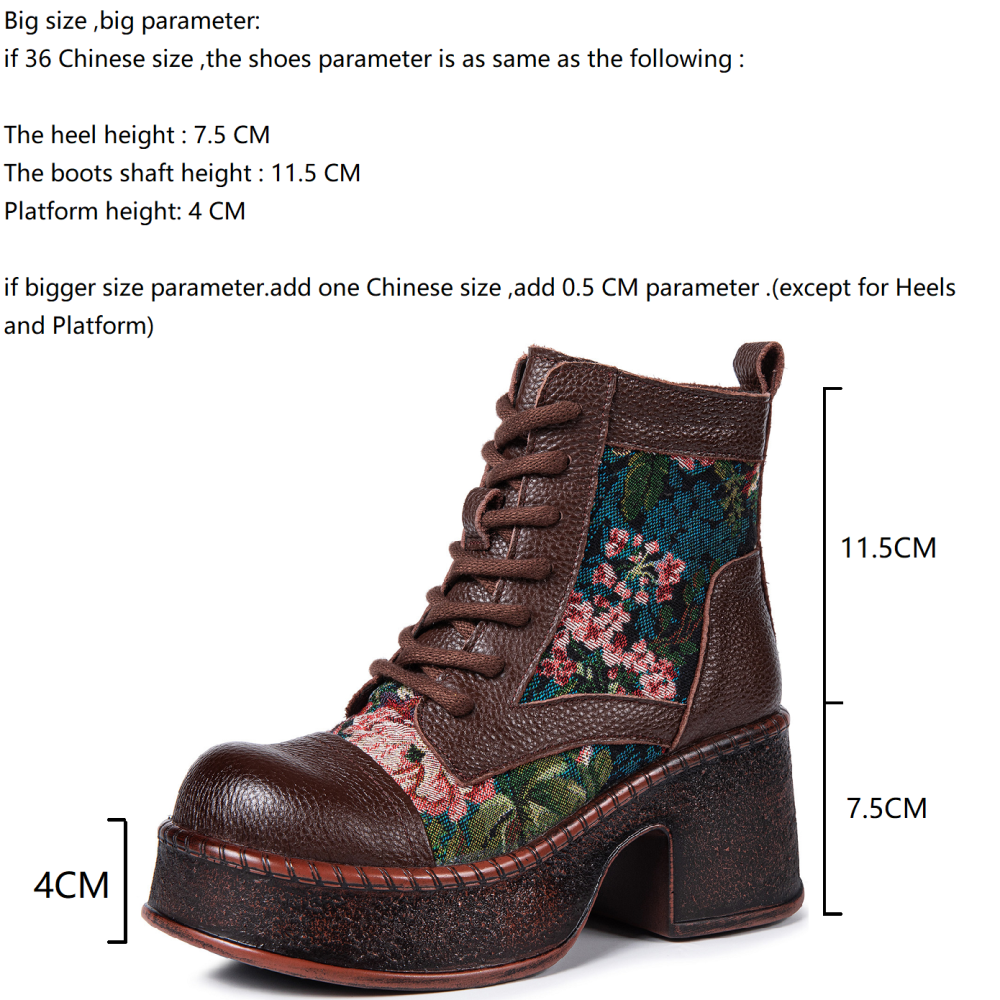 Women's Genuine Leather Retro Ethnic Style Lace-up Side Zipper Embroidered Flower 7.5 CM Block Heel Chinese Style Platform Spring Autumn Winter Ankle Boots 60203