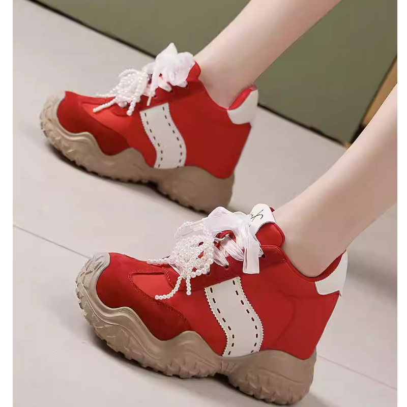 Small Chic Style Genuine Leather Ribbon Casual Sweet 12 CM Platform Pearls Color Block Purple Lovely Platform Women's Shoes Autumn New 60203