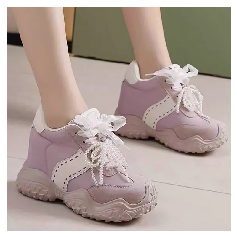 Small Chic Style Genuine Leather Ribbon Casual Sweet 12 CM Platform Pearls Color Block Purple Lovely Platform Women's Shoes Autumn New 60203