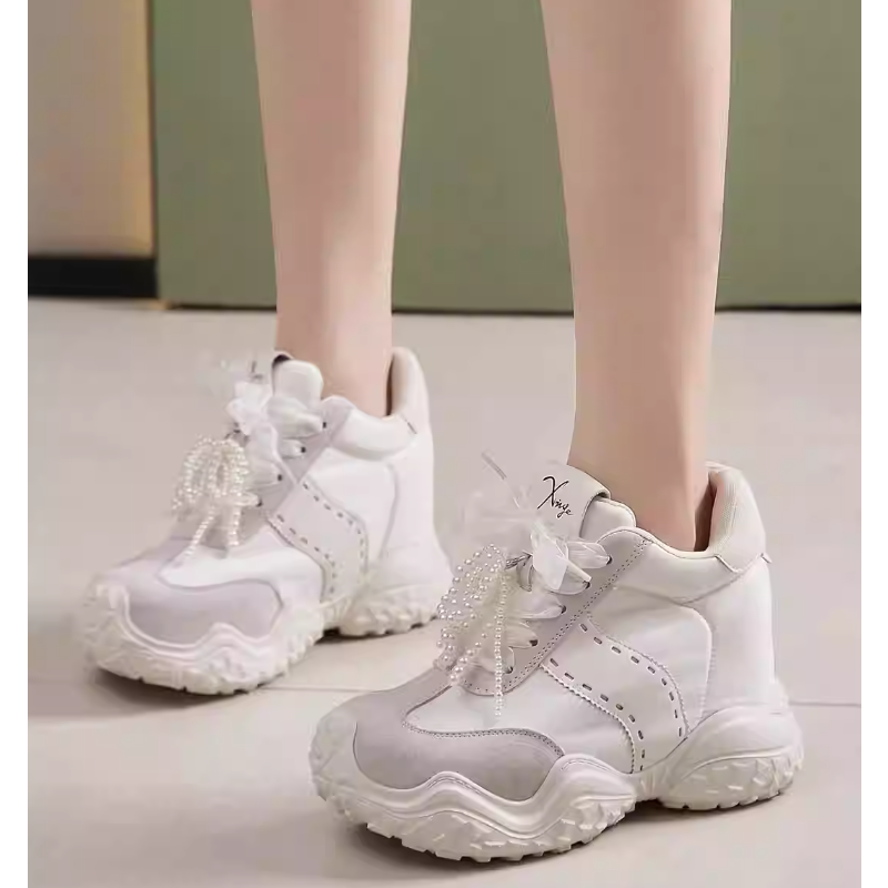 Small Chic Style Genuine Leather Ribbon Casual Sweet 12 CM Platform Pearls Color Block Purple Lovely Platform Women's Shoes Autumn New 60203