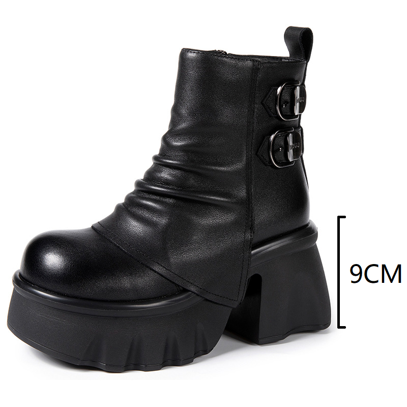 Women's Genuine Leather Black Pleated Belt Metal Buckle Pants Boots Side Zipper 9 CM Block Heel Platform Winter Short Plush Tube Ankle Boots 60203