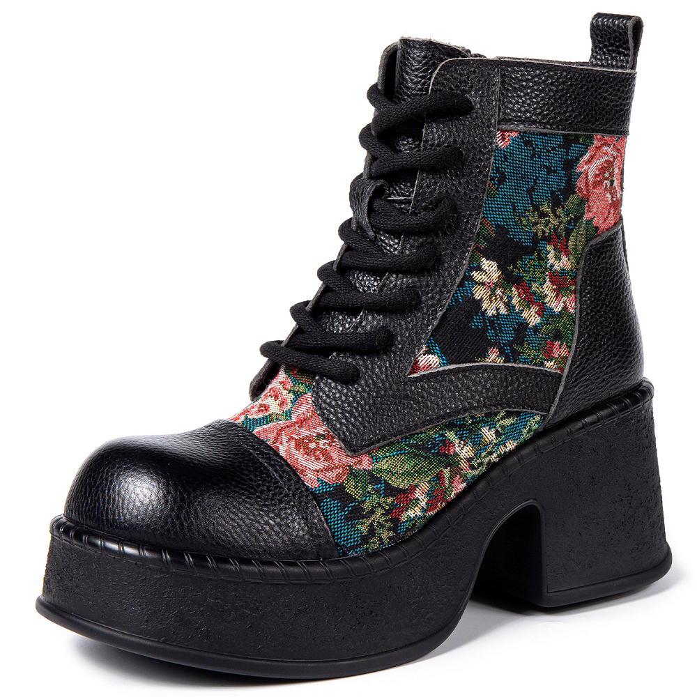 Women's Genuine Leather Retro Ethnic Style Lace-up Side Zipper Embroidered Flower 7.5 CM Block Heel Chinese Style Platform Spring Autumn Winter Ankle Boots 60203