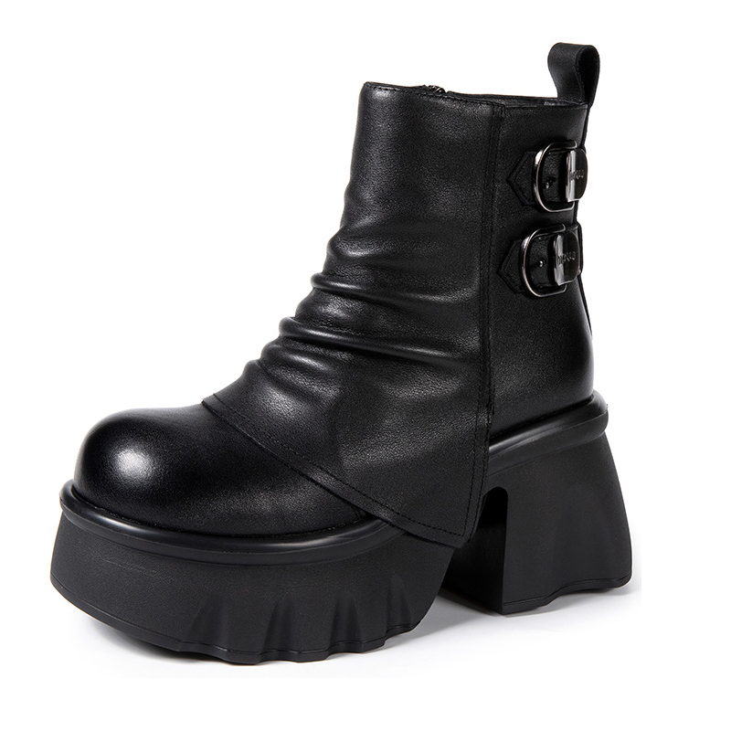 Women's Genuine Leather Black Pleated Belt Metal Buckle Pants Boots Side Zipper 9 CM Block Heel Platform Winter Short Plush Tube Ankle Boots 60203