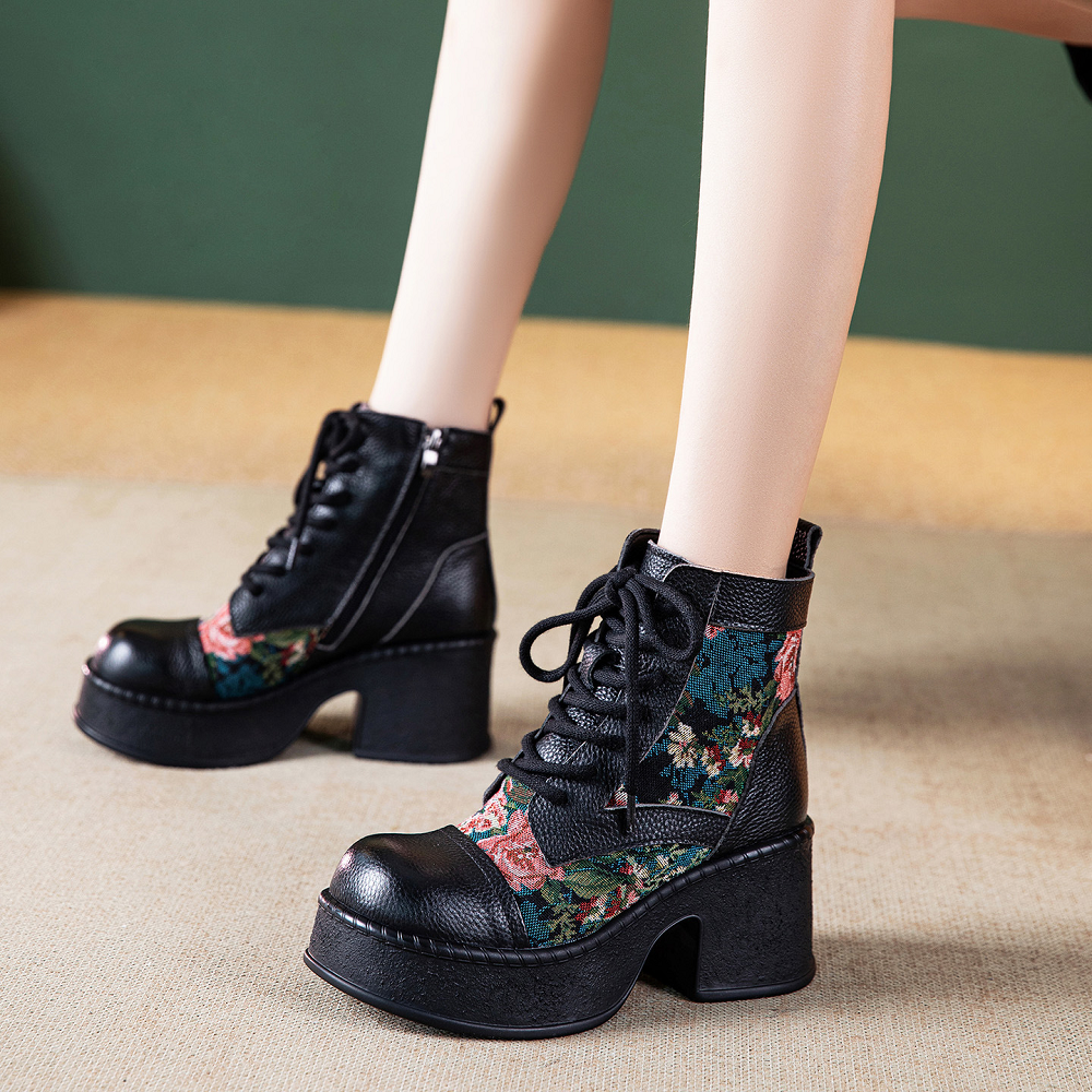 Women's Genuine Leather Retro Ethnic Style Lace-up Side Zipper Embroidered Flower 7.5 CM Block Heel Chinese Style Platform Spring Autumn Winter Ankle Boots 60203