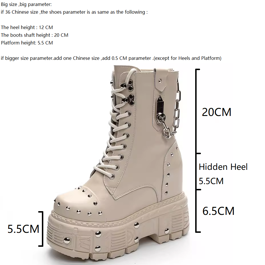 Spring Autumn Winter New Punk Style Height Increasing Platform Metal Chain Rivet Cow Leather Lace-Up Women Mid-Calf Modern Boots