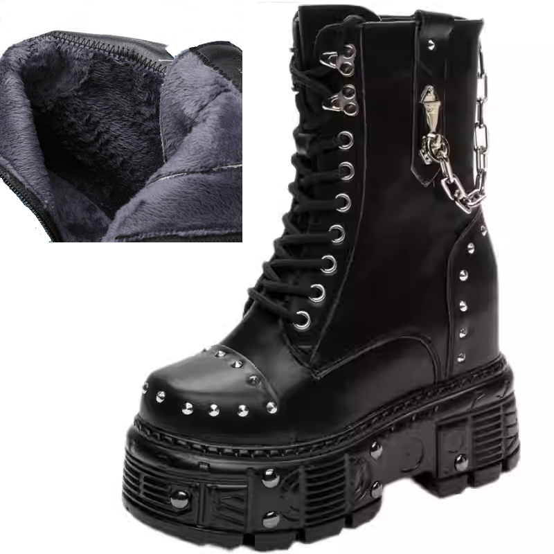 Spring Autumn Winter New Punk Style Height Increasing Platform Metal Chain Rivet Cow Leather Lace-Up Women Mid-Calf Modern Boots